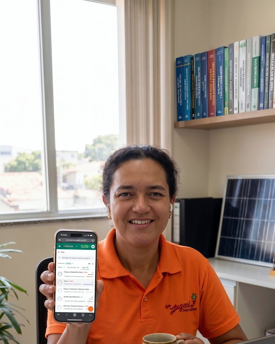 Laura, de camisa laranja da Jugaad, sorrindo no escritório e mostrando o celular com o Sol Digital aberto na tela; um painel solar ao fundo.