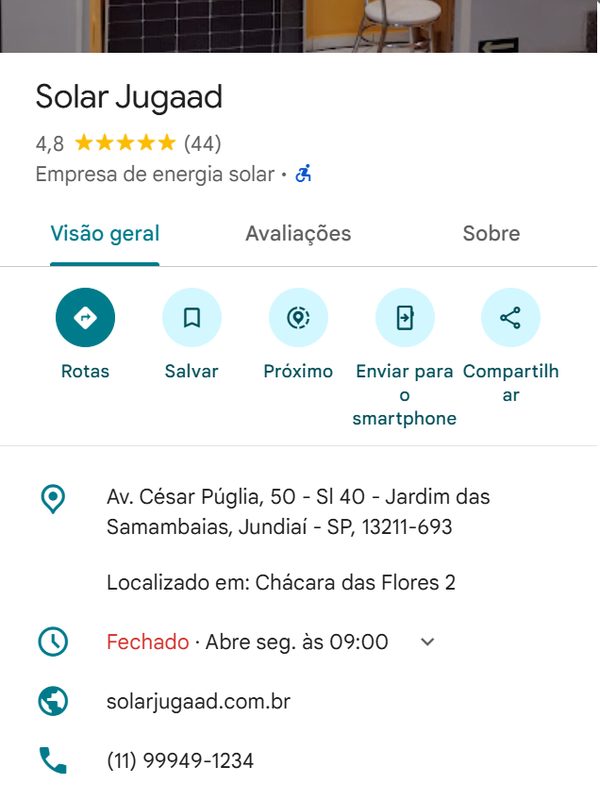 Ficha da Solar Jugaad no Google Maps: nota 4,8 com 44 avaliações, endereço, horário, site e telefone.