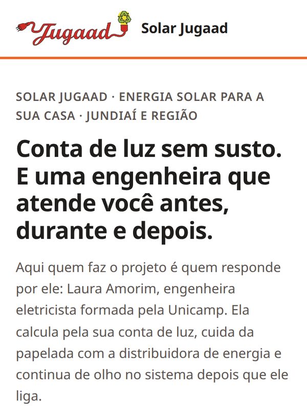 Página da Solar Jugaad no celular, com o logo, a chamada e o botão de pedir orçamento.