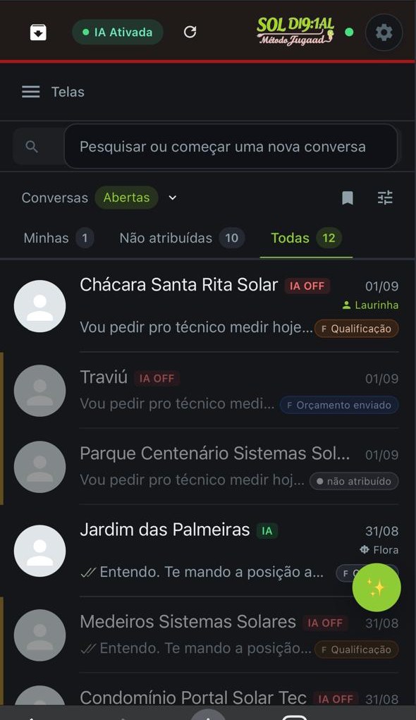Lista de conversas do painel, cada linha com etiqueta de etapa, responsável e estado do assistente.
